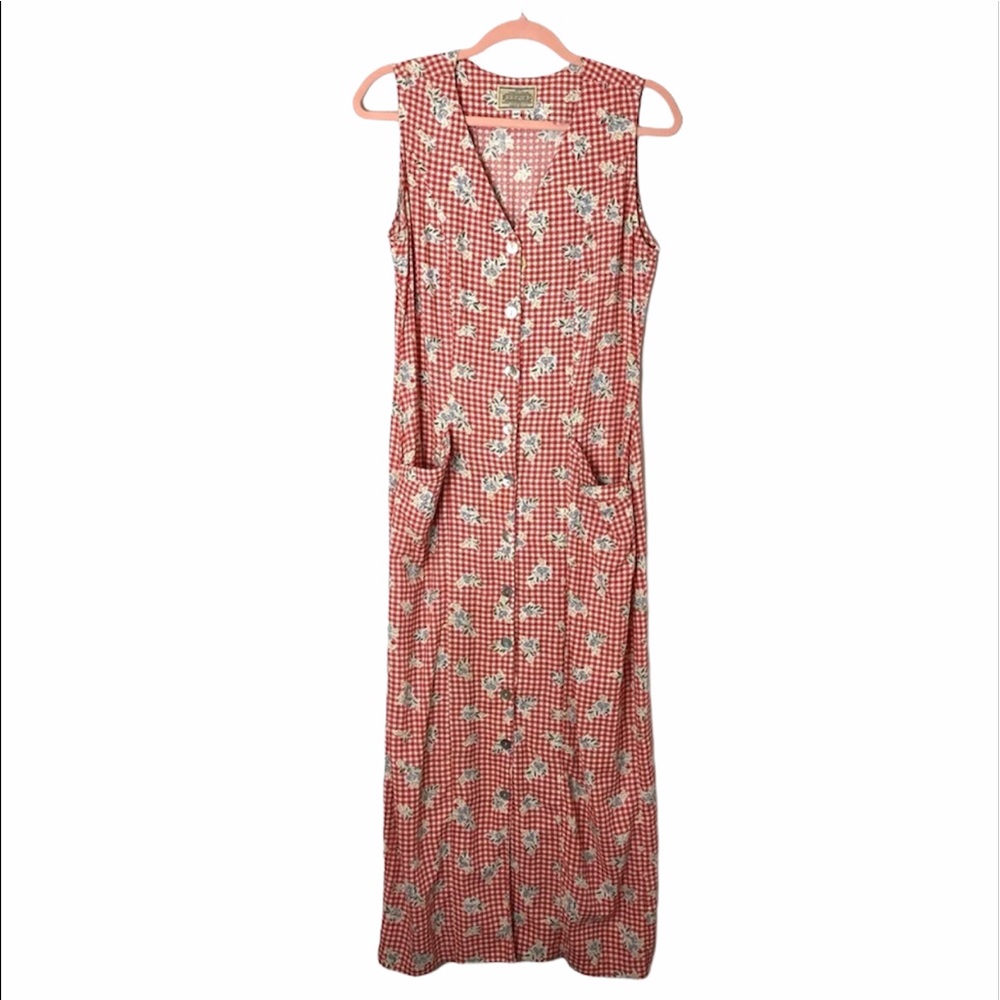 Vintage cottagecore sleeveless V neck 100% rayon midi dress Made in USA coastal
